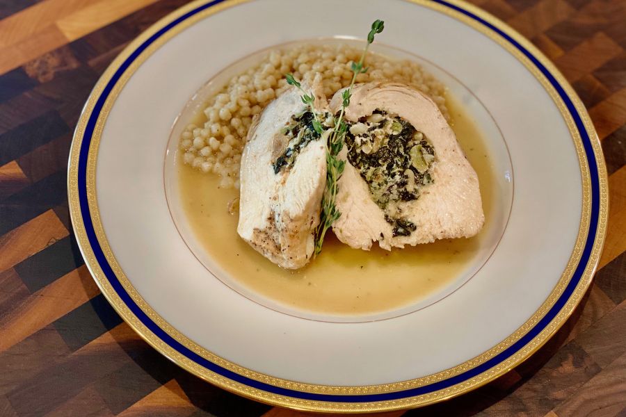 Chicken with Goat Cheese, Figs & Collards